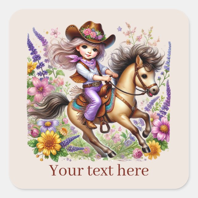 Pegatina Cuadrada Curte Cowgirl agregar texto (Anverso)