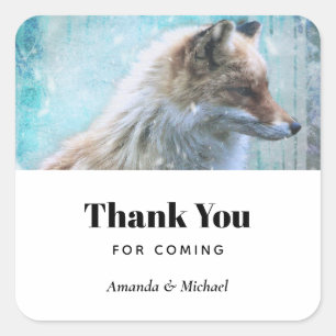 Pegatina Cuadrada Curte Furry Fox en fondo azul grunge Gracias