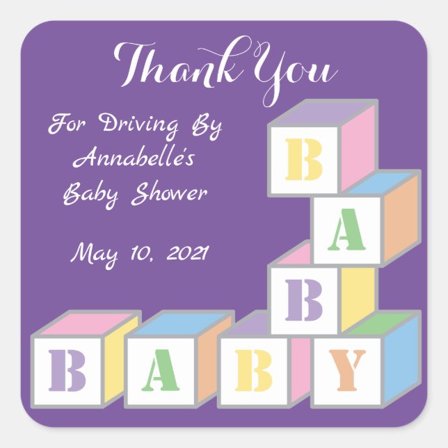 Pegatina Cuadrada Curte Gracias Drive De Baby Shower Purple (Anverso)