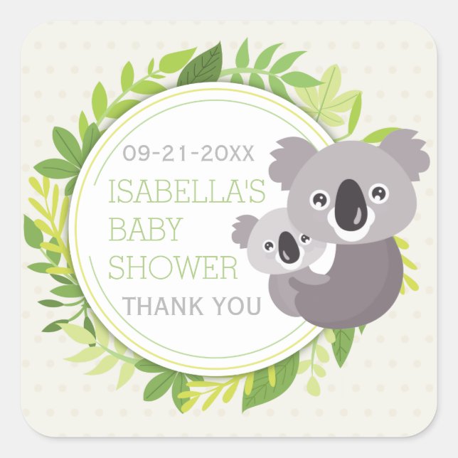 Pegatina Cuadrada Curte mami Koala y Baby Koala Baby Shower (Anverso)