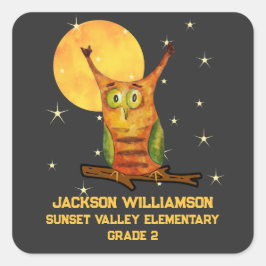 Pegatina Cuadrada Curte Owl Watercolor Style School Name Year