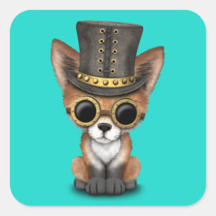 Pegatina Cuadrada Curte Steampunk Baby Fox Roja