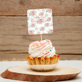 Pegatina Cuadrada Custom Baby Dedication Sage Green & Pink Floral 