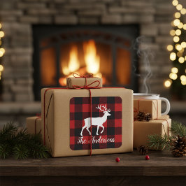 Pegatina Cuadrada Custom Buffalo Plaid Deer Name Label Sticker