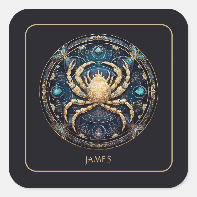 Pegatina Cuadrada Custom Cosmic Crab Zodiac Symbol Black Gold Cancer (Anverso)