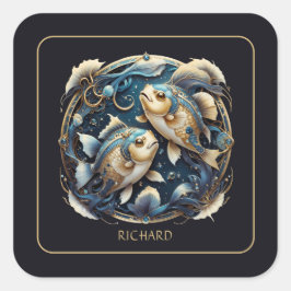 Pegatina Cuadrada Custom Cosmic Fish Zodiac Sign Black Gold Pisces