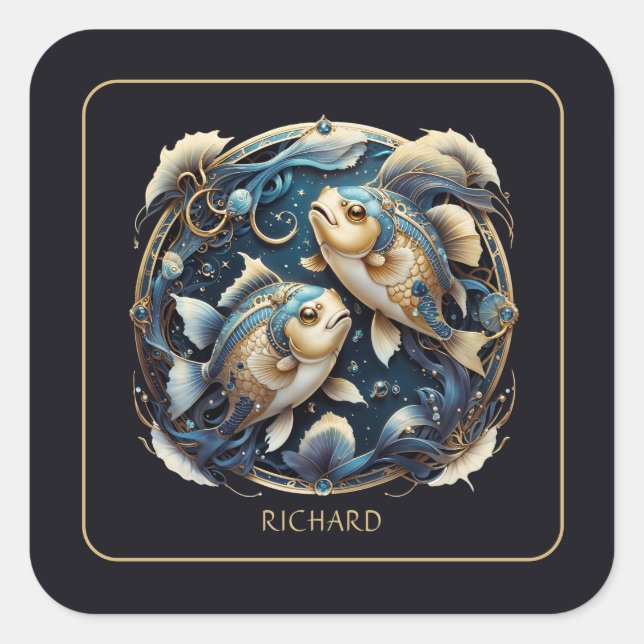 Pegatina Cuadrada Custom Cosmic Fish Zodiac Sign Black Gold Pisces (Anverso)