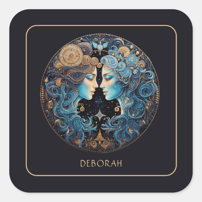 Pegatina Cuadrada Custom Cosmic Twin Zodiac Symbol Black Gold Gemini (Anverso)