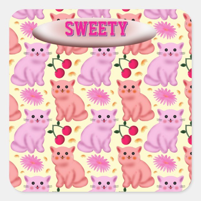 Pegatina Cuadrada Custom Cute Cat Cherry Floral Pattern (Anverso)