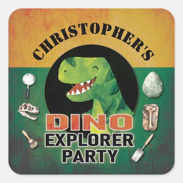 Pegatina Cuadrada Custom Dino Explorer Dinosaur Birthday (Anverso)