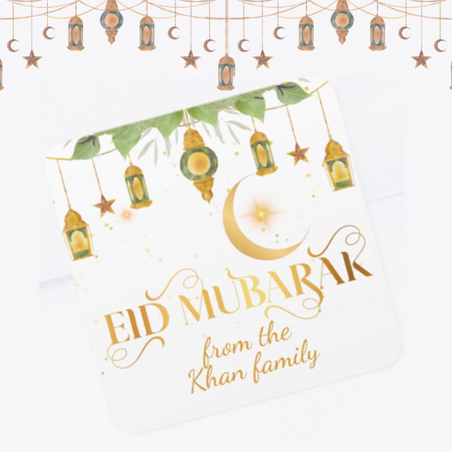 Pegatina Cuadrada Custom "Eid Mubarak" White Gold Lanterns + Moon (Spread the joy of the blessed season with these elegant custom Eid Mubarak stickers in white + gold!)