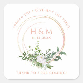 Pegatina Cuadrada Custom Floral Garland White Pink Wedding Sanitizer