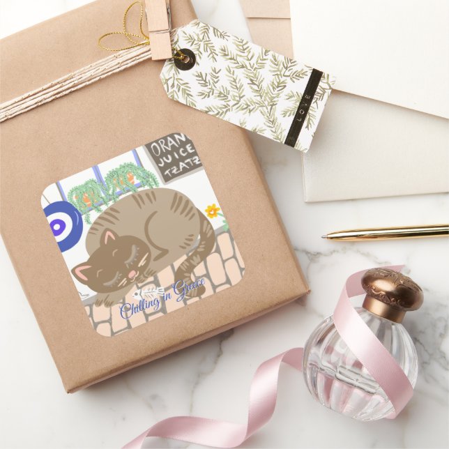 Pegatina Cuadrada Custom Greek Taverna Cat Mediterranean Scene (Regalar)