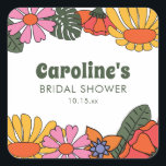 Pegatina Cuadrada Custom Groovy Pink Orange Floral Bridal Shower<br><div class="desc">This square sticker features a vibrant retro floral border with bold blooms in pink, orange, and yellow on a white background. The whimsical botanical design is paired with groovy 70s inspired typography for a playful and nostalgic aesthetic. A sophisticated way to personalize bridal shower favors or as a unique addition...</div>