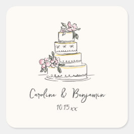 Pegatina Cuadrada Custom Handwritten Pink Yellow Doodle Wedding Cake