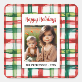 Pegatina Cuadrada Custom Happy Holidays Fun Plaid Red Green Photo