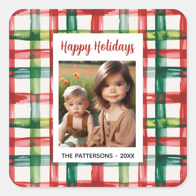 Pegatina Cuadrada Custom Happy Holidays Fun Plaid Red Green Photo (Anverso)
