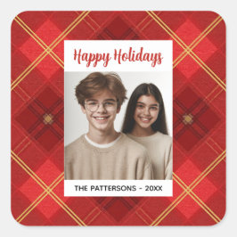 Pegatina Cuadrada Custom Happy Holidays Fun Plaid Red Green Photo