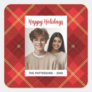 Pegatina Cuadrada Custom Happy Holidays Fun Plaid Red Green Photo