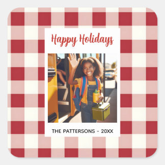 Pegatina Cuadrada Custom Happy Holidays Fun Plaid Red White Photo