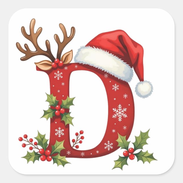 Pegatina Cuadrada Custom initial monogram D antler Santa's snowflake (Anverso)