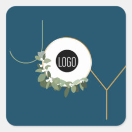 Pegatina Cuadrada Custom logo Joy Blue Christmas Modern wreath 