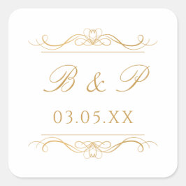 Pegatina Cuadrada Custom Monogram Modern Elegant Gold Swirl Wedding