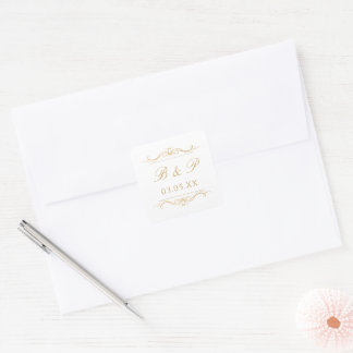 Pegatina Cuadrada Custom Monogram Modern Elegant Gold Swirl Wedding
