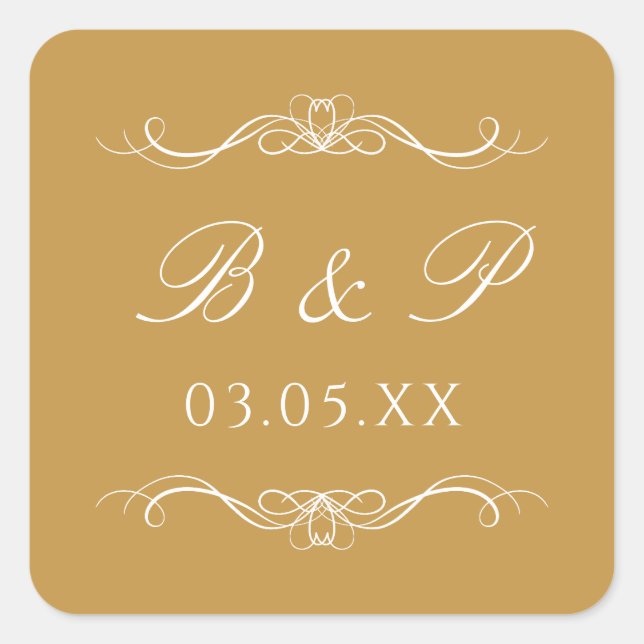 Pegatina Cuadrada Custom Monogram Modern Elegant Gold Swirl Wedding (Anverso)