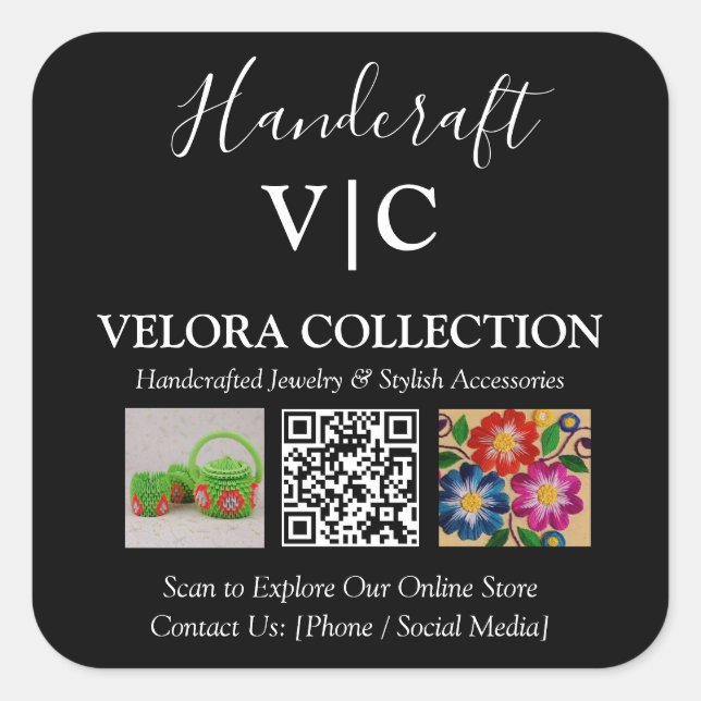 Pegatina Cuadrada Custom Monogram or Logo QR Photo Square Sticker (Anverso)