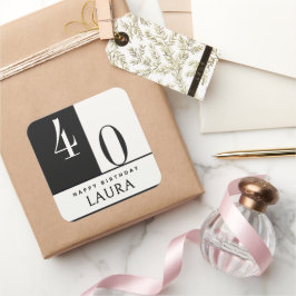 Pegatina Cuadrada Custom Name & Age Black and White Birthday