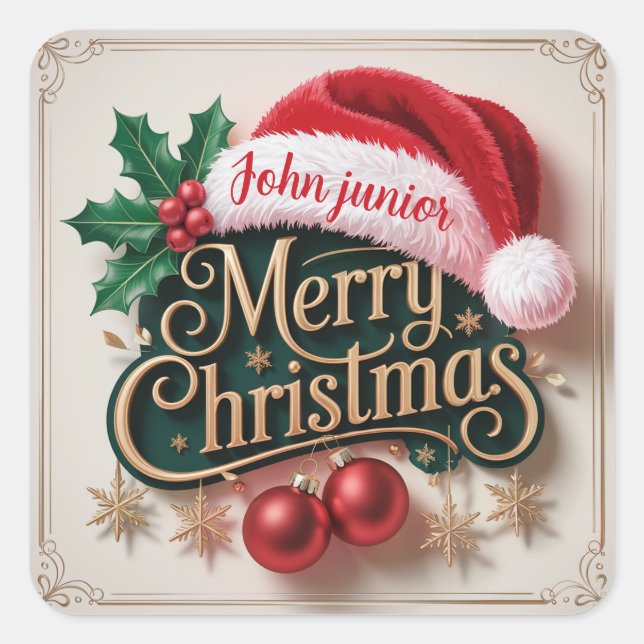 Pegatina Cuadrada Custom Name Merry Christmas Sticker (Anverso)