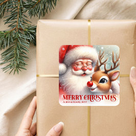 Pegatina Cuadrada Custom Name Santa Rudolph Adorable Christmas Kids