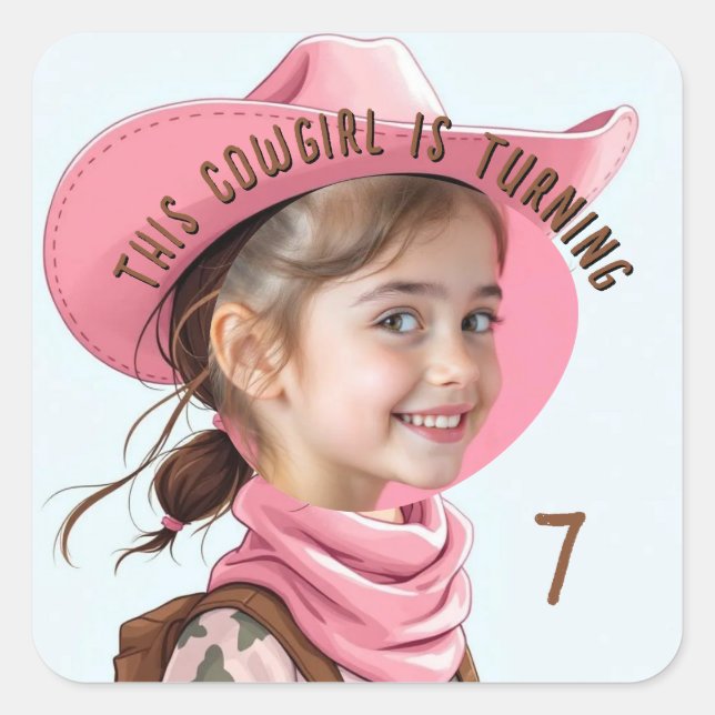 Pegatina Cuadrada Custom Photo Any Age Pink Cowgirl Theme Birthday  (Anverso)