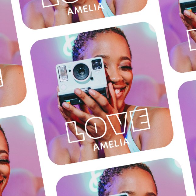 Pegatina Cuadrada Custom Photo Text Retro Modern Love (Subido por el creador)