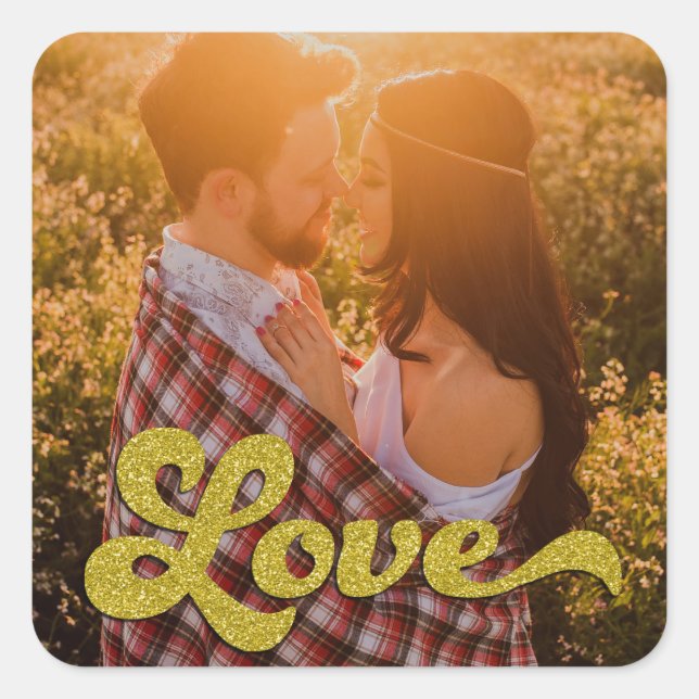 Pegatina Cuadrada Custom Photo with Gold Love Overlay (Anverso)