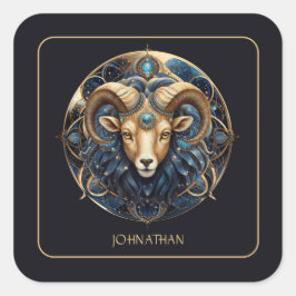 Pegatina Cuadrada Custom Ram Zodiac Symbol Cosmic Black Gold Aries