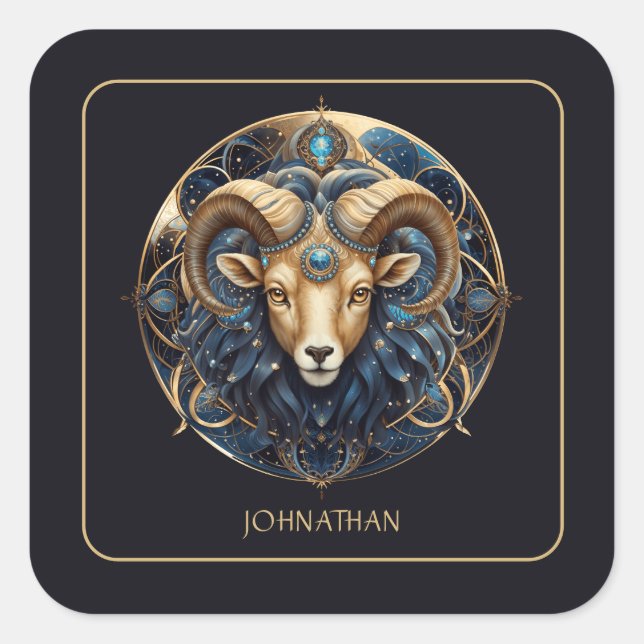 Pegatina Cuadrada Custom Ram Zodiac Symbol Cosmic Black Gold Aries (Anverso)