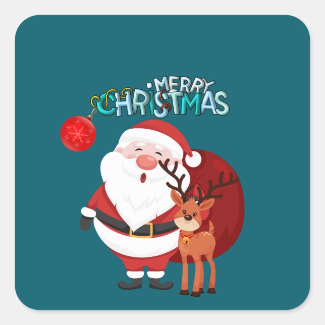 Pegatina Cuadrada Custom Santa & Reindeer Happy Holiday Sticker (Anverso)
