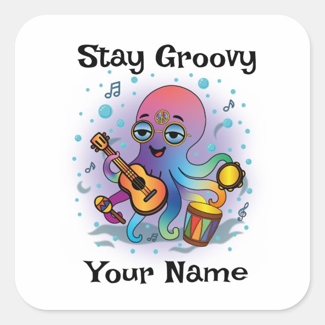 Pegatina Cuadrada Custom Square Sticker | Retro Octopus Name & Text (Anverso)