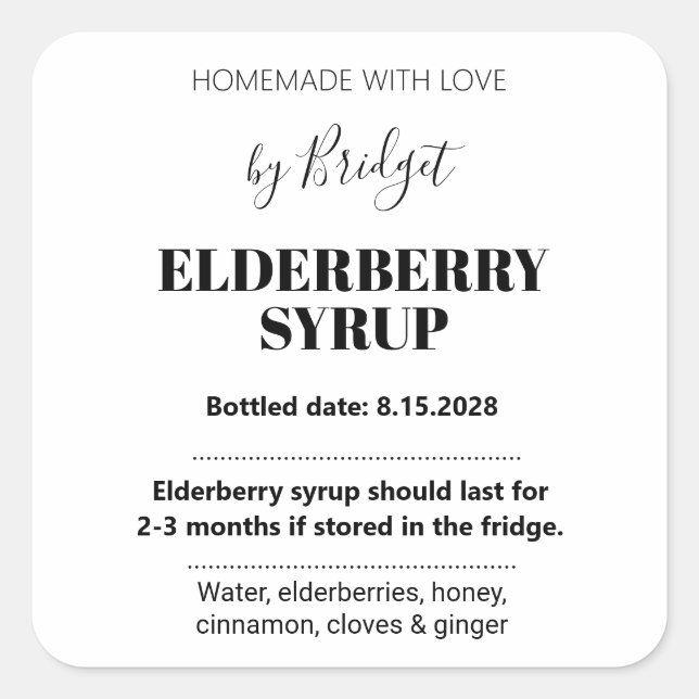 Pegatina Cuadrada Customizable Elderberry Syrup Label ZEB_01 (Anverso)