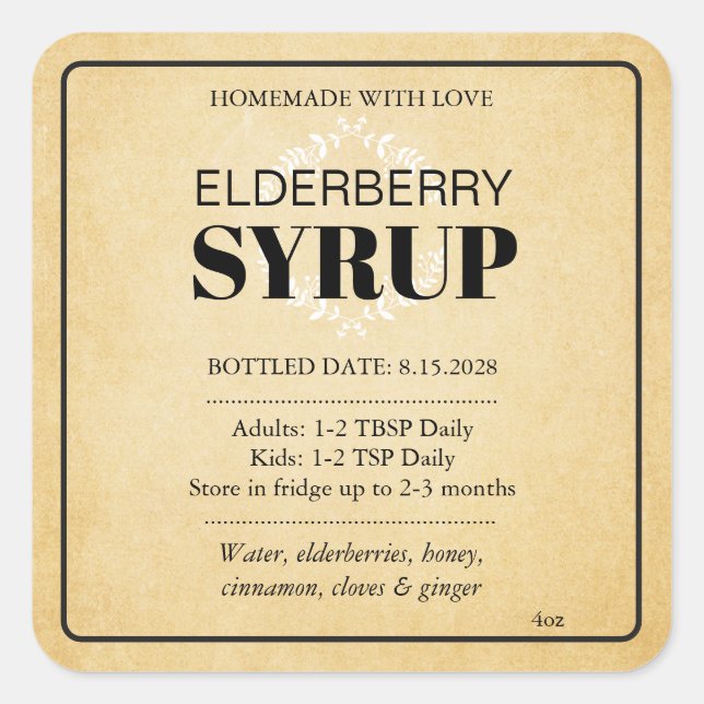 Pegatina Cuadrada Customizable Elderberry Syrup Label ZEB_04a (Anverso)
