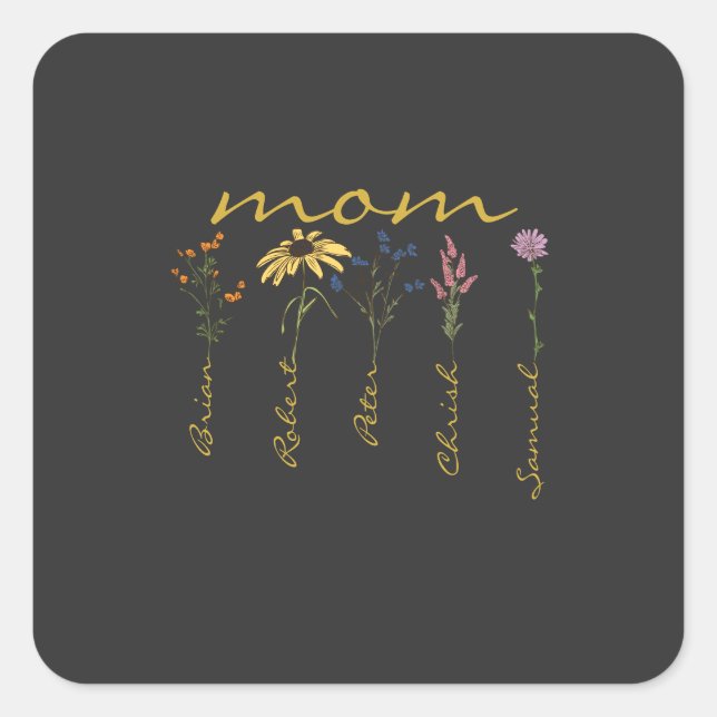 Pegatina Cuadrada Customized mom children name flower (Anverso)