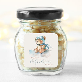 Pegatina Cuadrada Cuta acuarela Blue Teddy Bear Boy Baby Shower