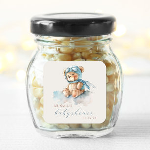 Pegatina Cuadrada Cuta acuarela Blue Teddy Bear Boy Baby Shower