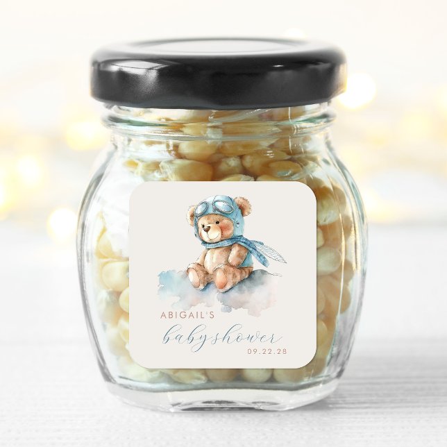 Pegatina Cuadrada Cuta acuarela Blue Teddy Bear Boy Baby Shower (Subido por el creador)