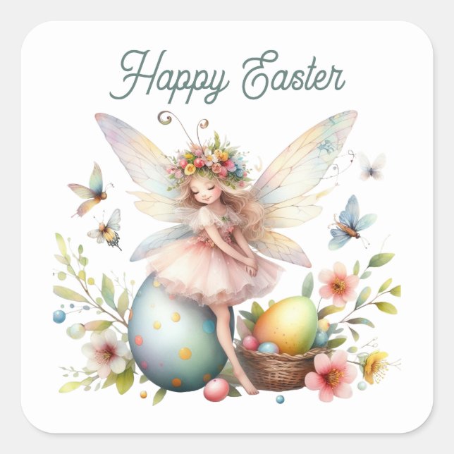 Pegatina Cuadrada Cuta acuarela Feliz hada de Pascua (Anverso)