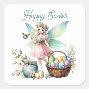 Pegatina Cuadrada Cuta acuarela Feliz hada de Pascua