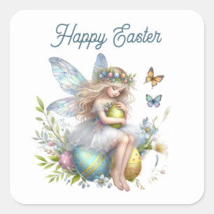 Pegatina Cuadrada Cuta acuarela Feliz hada de Pascua