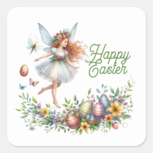 Pegatina Cuadrada Cuta acuarela Feliz hada de Pascua
